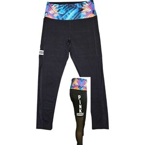 VS PINK Ultimate Leggings M Ankle Length Black Mesh Tropical Waistband Spellout